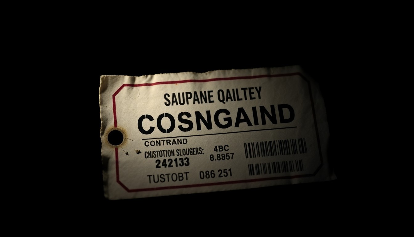An extreme close-up photograph of a customs seal or shipping label, lit by a harsh, direct camera flash against a pitch-black background, creating a stark, gritty, investigative aesthetic without any text or symbols.