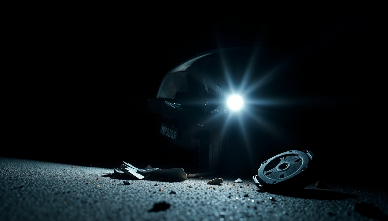 An extreme close-up photograph of a twisted and damaged car part, lit by a harsh flash against a dark background, conveying the gritty aftermath of a tragic accident.