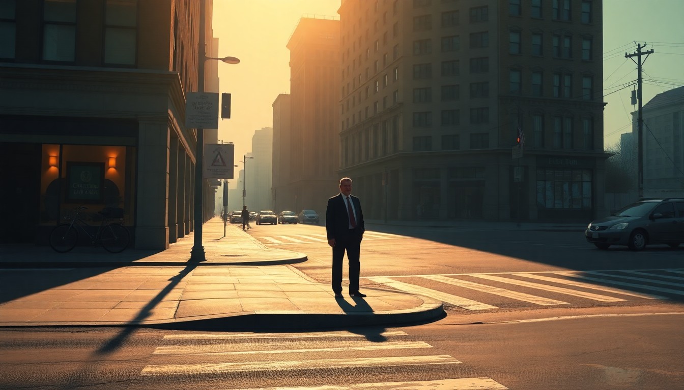 A serene, cinematic painting depicting a lone political figure standing on a city street corner, the scene bathed in warm, golden light and deep shadows, conveying a sense of quiet contemplation and the weight of political ambition.