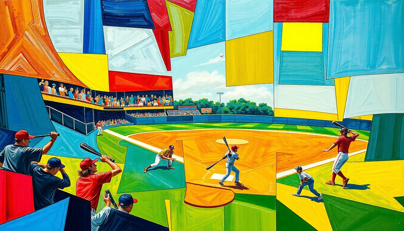A cubist, geometric painting depicting the dynamic action of a high school baseball game, with fragmented shapes and planes of players, bats, balls, and the field rendered in vibrant colors.