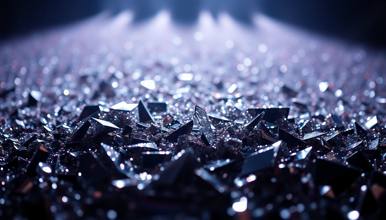 An extreme close-up photograph of shimmering sequins and shattered glass fragments, capturing the glamorous yet high-stakes nature of a major music festival performance through dramatic lighting and abstract texture.