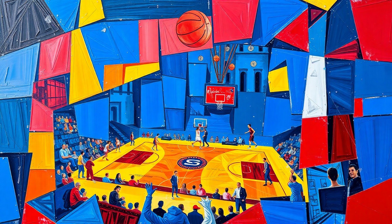 A fragmented, geometric painting in bold colors depicting a basketball game or match, with players and the court broken down into sharp, overlapping shapes and planes.