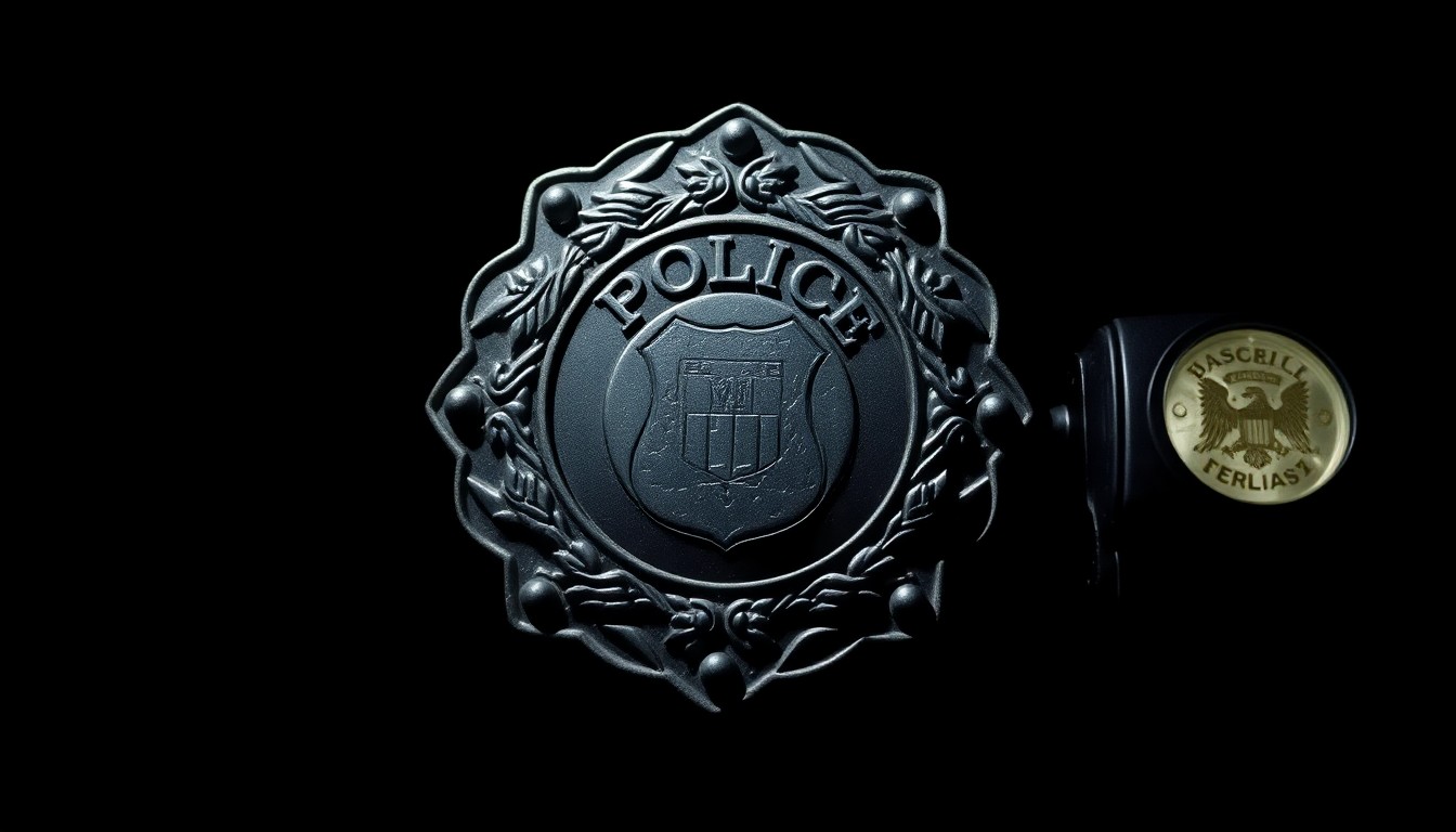 An extreme close-up photograph of a police badge or other law enforcement equipment, lit by a harsh, direct camera flash against a pitch-black background, creating a stark, gritty, investigative aesthetic.