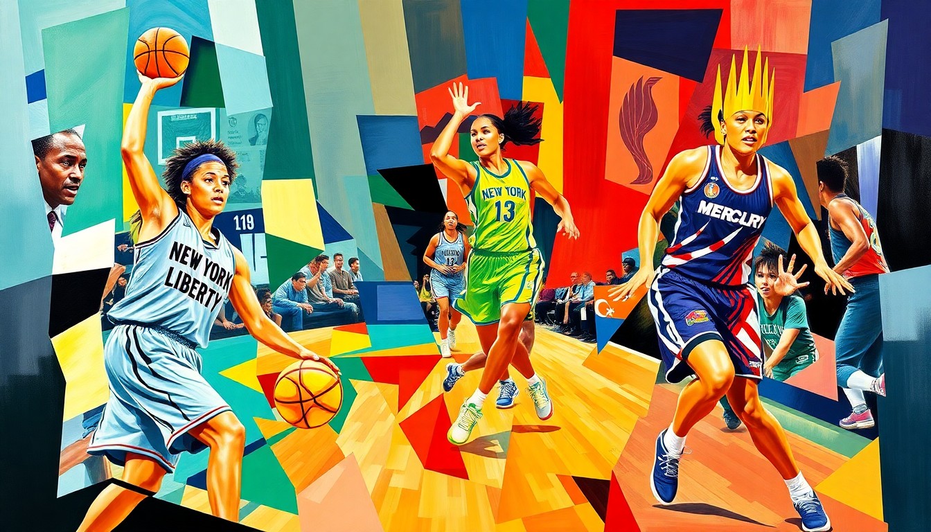 A fractured, cubist-style painting depicting the dynamic movements and energy of WNBA basketball players, with the vibrant colors of the New York Liberty and Phoenix Mercury uniforms blending together in an abstract, geometric composition.