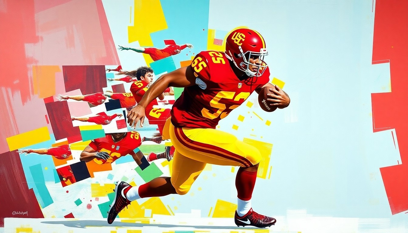 A cubist-style painting depicting a football player in mid-motion, with their body broken down into sharp, overlapping geometric shapes in the cardinal red and gold colors of the USC Trojans.