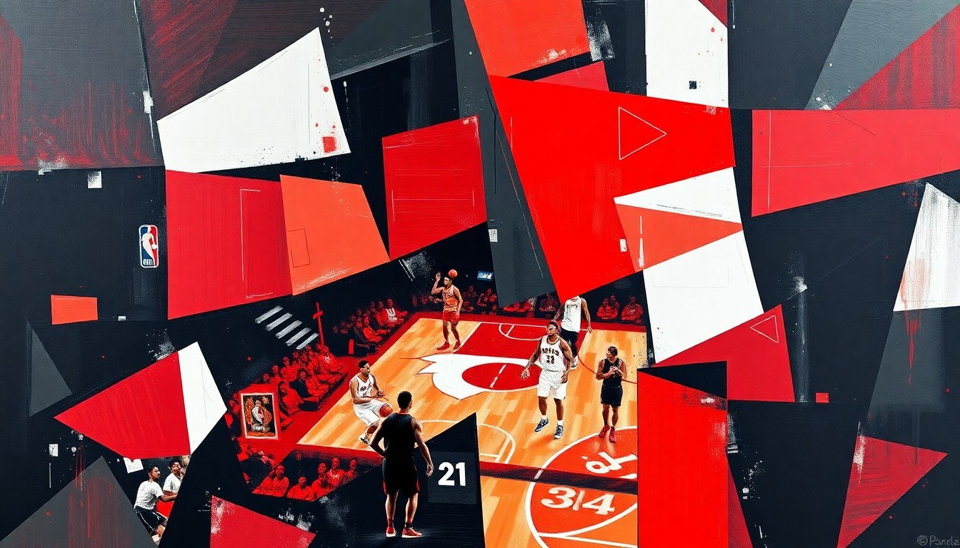 A fractured, cubist-style painting depicting a basketball game or match, with the players and court broken down into sharp, overlapping geometric planes in the Raptors' team colors of red, black, and white.