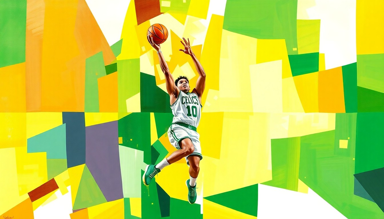 A fractured, cubist-style painting depicting Neemias Queta's 3-pointer shot, with sharp geometric planes in Celtics green and white colors representing the dynamic movement and energy of the play.