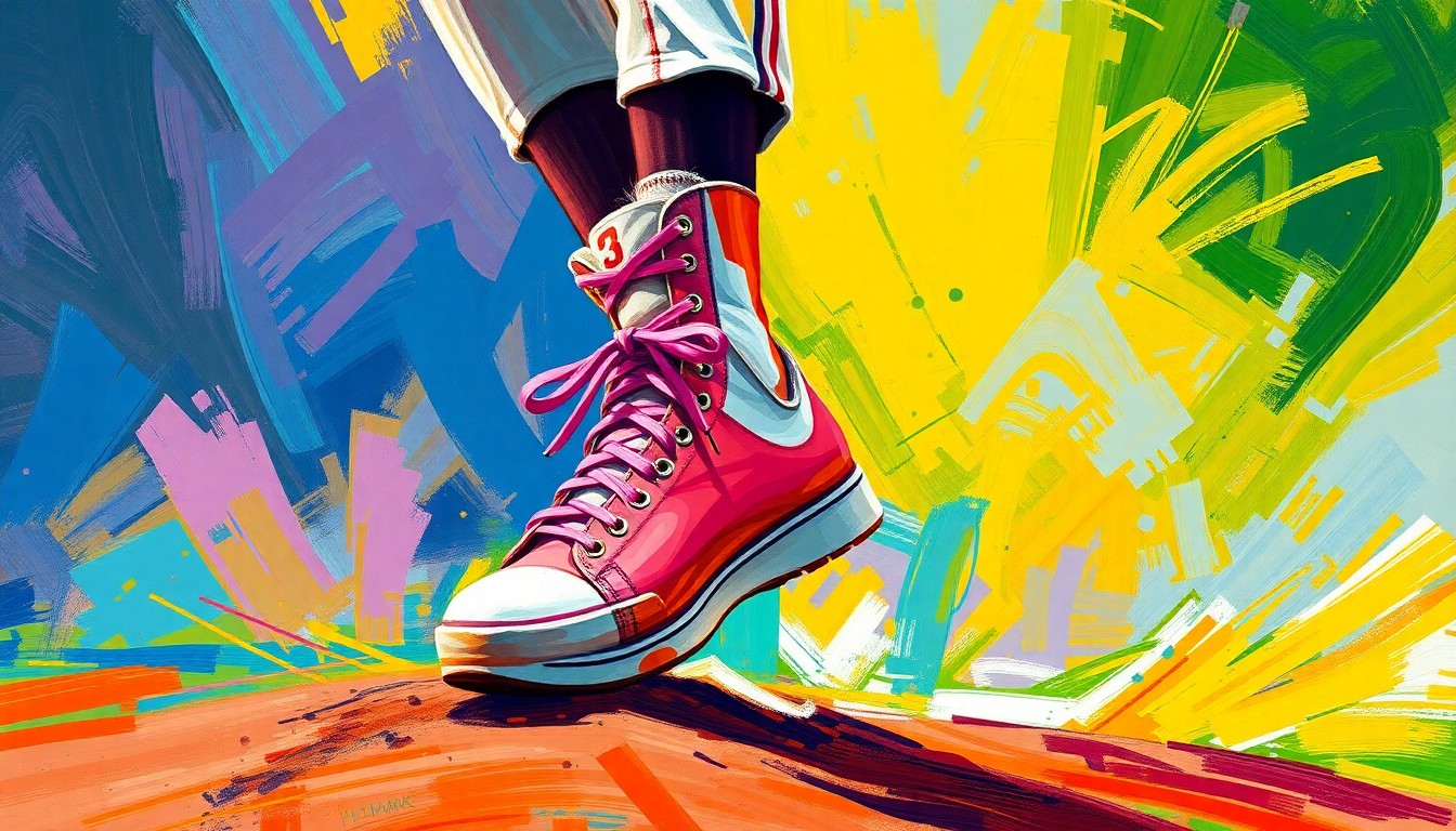 An abstract, expressionist painting featuring a baseball pitcher on the mound, with bold brushstrokes and neon colors capturing the energy and movement of the moment, with the player's pink shoelaces as the central focus.