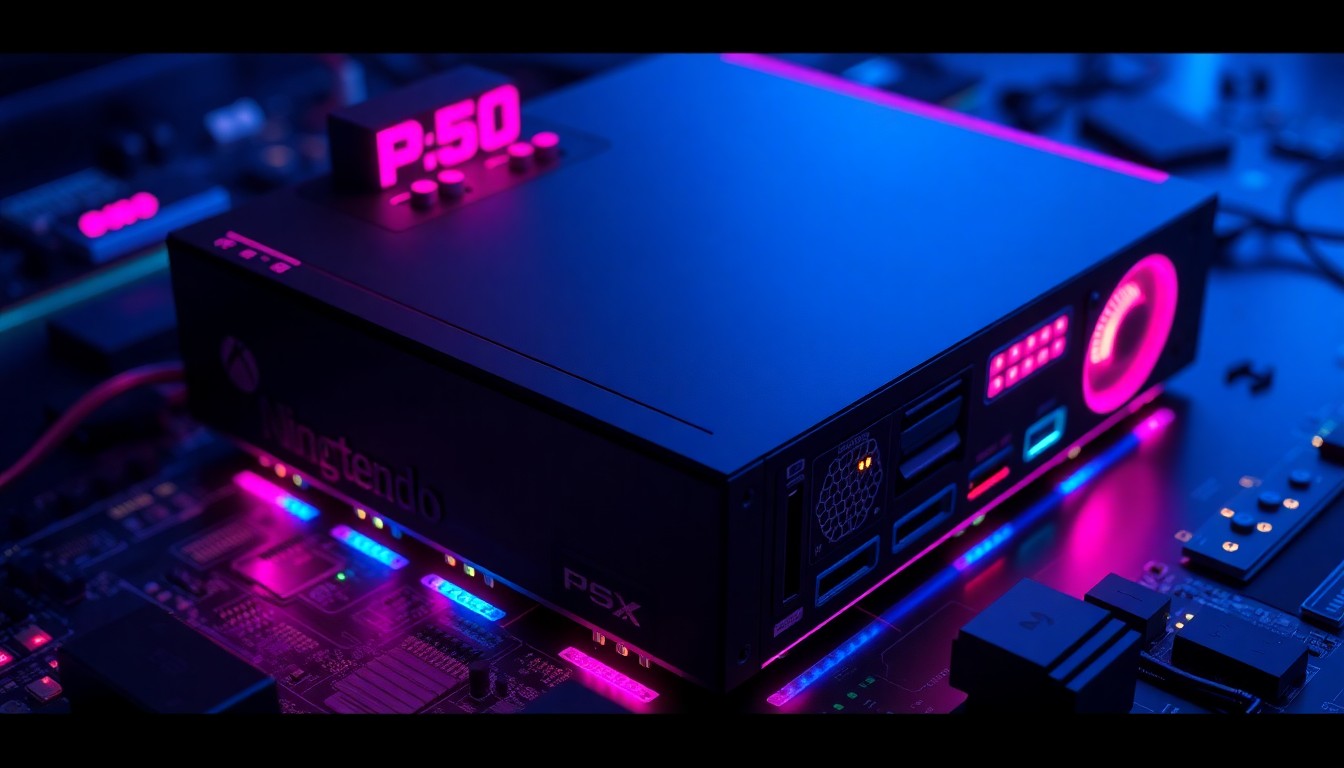 A highly detailed, glowing 3D macro illustration of a complex gaming console with recognizable tech elements like circuit boards and cooling fans, all illuminated by vibrant neon lights, conceptually representing the technical innovation and potential issues behind a custom-built multi-console device.