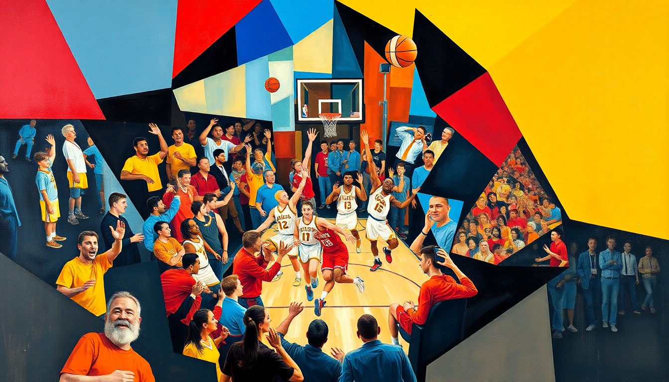 A fragmented, geometric painting depicting an abstract basketball celebration scene with overlapping angular forms in bright, contrasting colors.