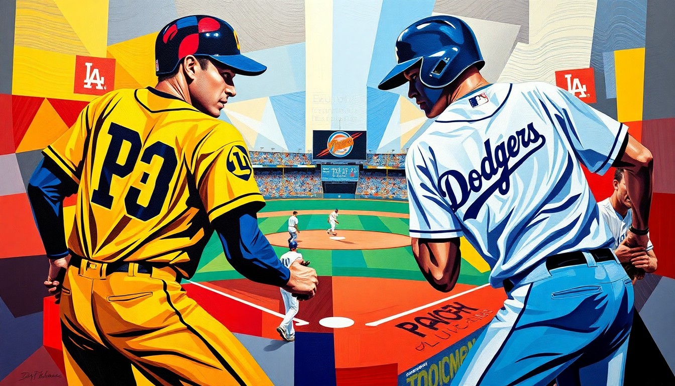 A cubist-style painting depicting a baseball game or match, with the players and field broken down into sharp, overlapping geometric shapes in the colors of the Padres and Dodgers uniforms, conveying the complexity and challenges the Padres face in competing with their division rivals.