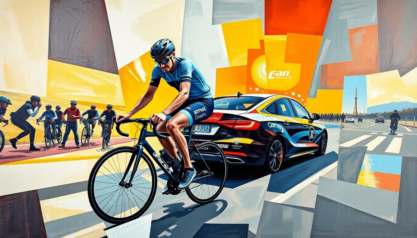 A fragmented, geometric painting depicting a cyclist receiving assistance from a team car, with the various elements of the scene broken down into sharp, overlapping planes of color and form, conveying the ambiguity and tension surrounding the incident.