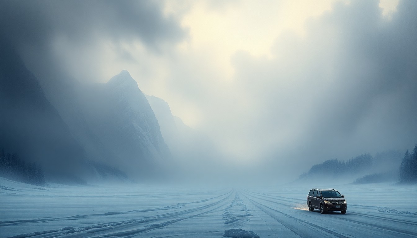 A sweeping, atmospheric landscape painting in muted tones of grey and white, depicting a vast, snowy expanse with a lone, isolated structure barely visible in the distance, overwhelmed by the scale and power of the raging winter storm.