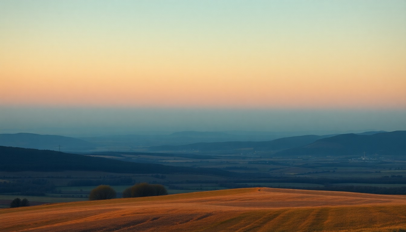 A vast, atmospheric landscape painting depicting a gently rolling countryside under a clear, dramatically lit evening sky, with any physical structures or objects dwarfed by the expansive, serene natural environment.