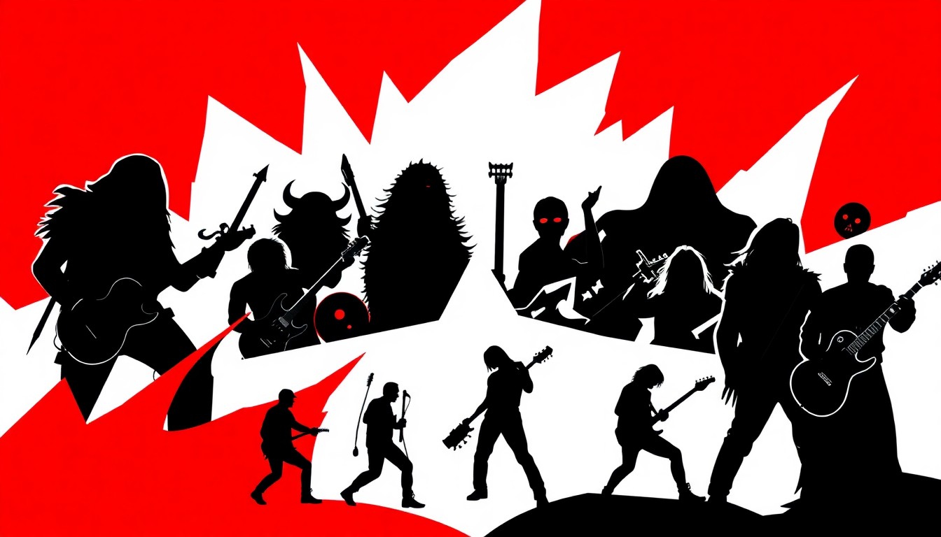 An abstract, minimalist composition featuring bold, jagged shapes and high-contrast colors, representing the diverse range of metal music subgenres covered in the story.