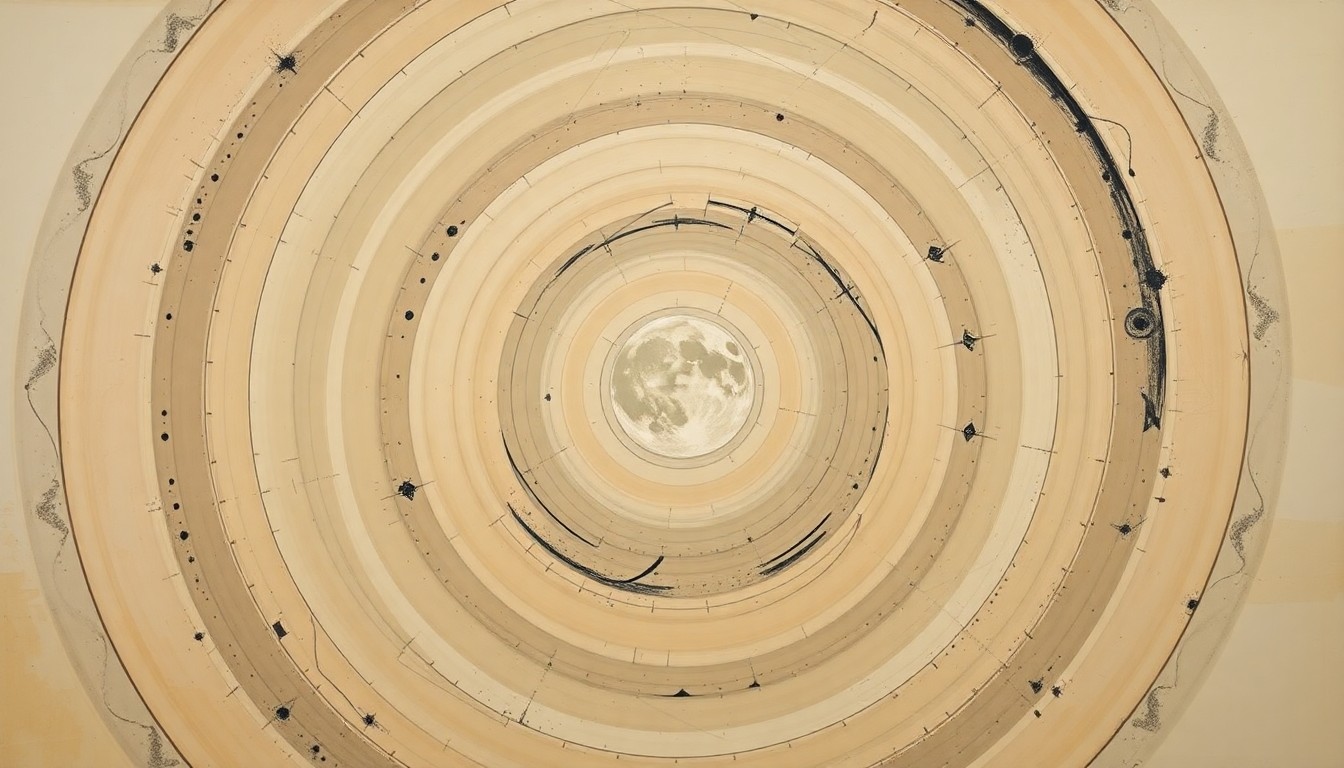 A bold, abstract painting in earthy tones depicting the complex journey of the Orion spacecraft around the Moon, with sweeping geometric arcs, concentric circles, and precise spirals conveying the structural order of the universe.