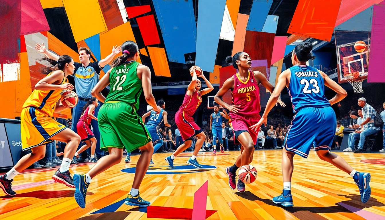 A fragmented, geometric painting in bold colors representing the fast-paced action of a WNBA basketball game, conceptually illustrating the signing of a new player to the Indiana Fever.