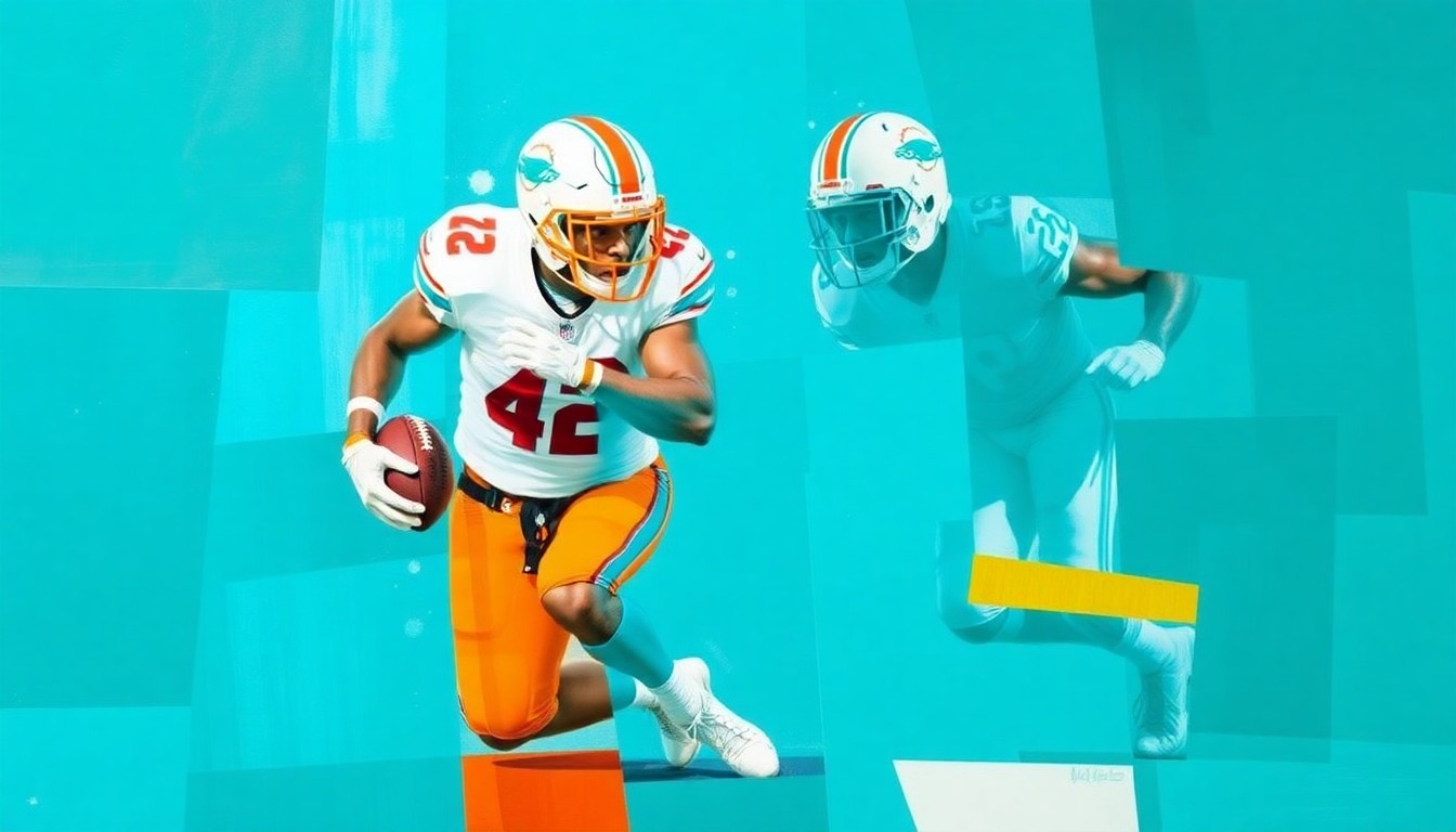 A fragmented, geometric painting depicting the dynamic movements of a football player in aqua, orange, and white, conceptually representing the multifaceted career of a Dolphins defensive back.