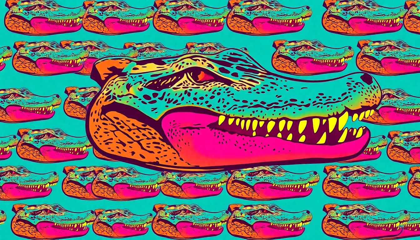 A bold, graphic silkscreen-style illustration of a large alligator head in vibrant neon colors, conceptually representing the exotic animal at the center of a legal battle over emotional support pets.