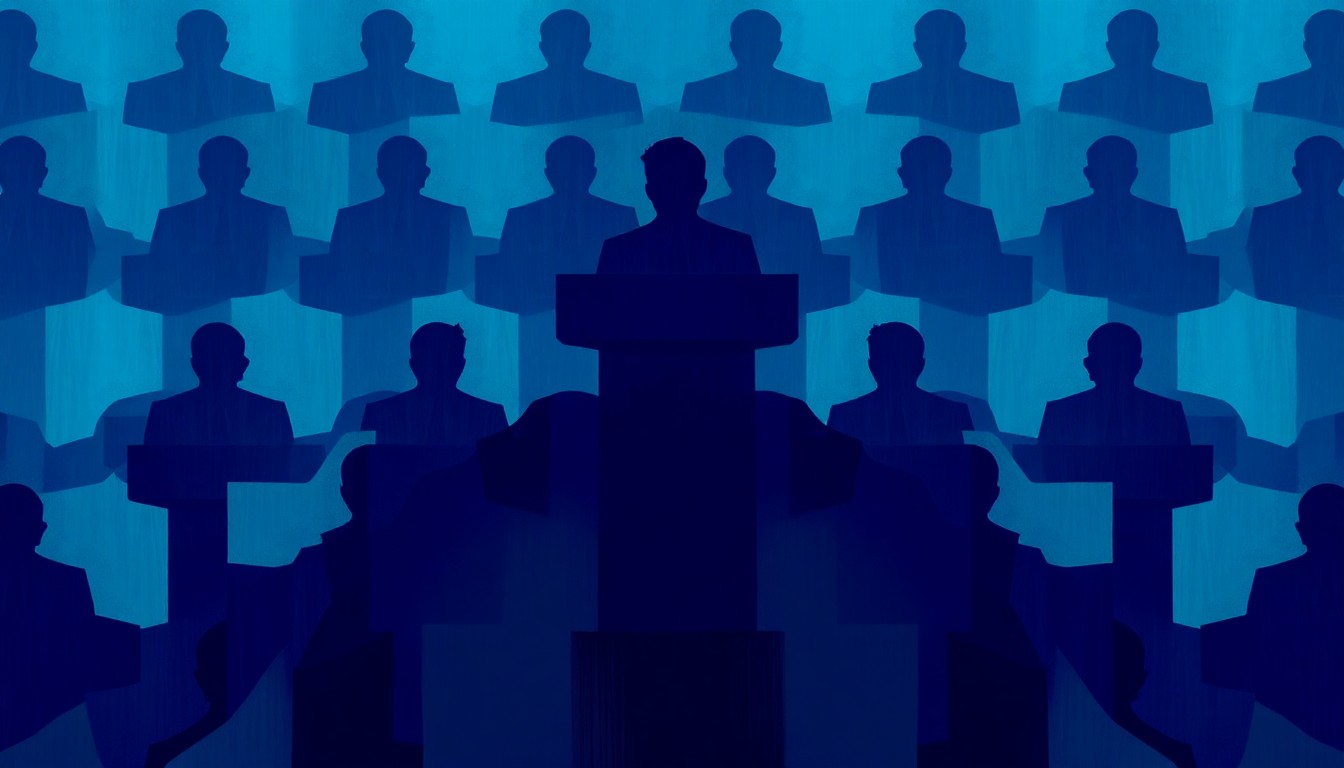 A dynamic, abstract painting of a political podium repeated in overlapping geometric shapes and vibrant colors, conveying a sense of disruption and tension.