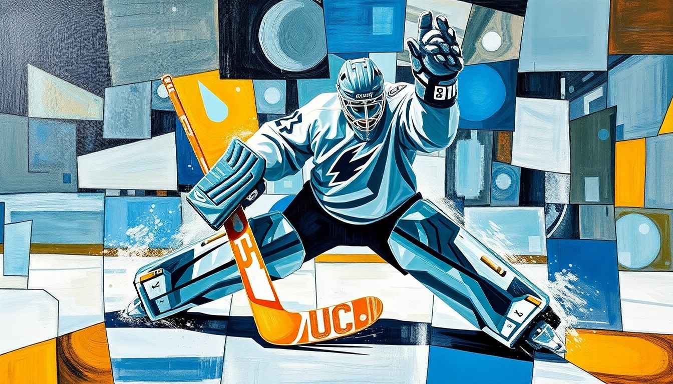 A cubist, geometric painting depicting a hockey goaltender making a save, with the figure broken down into sharp, overlapping planes of color and form, representing the challenges Canada's team must navigate without their top netminder.