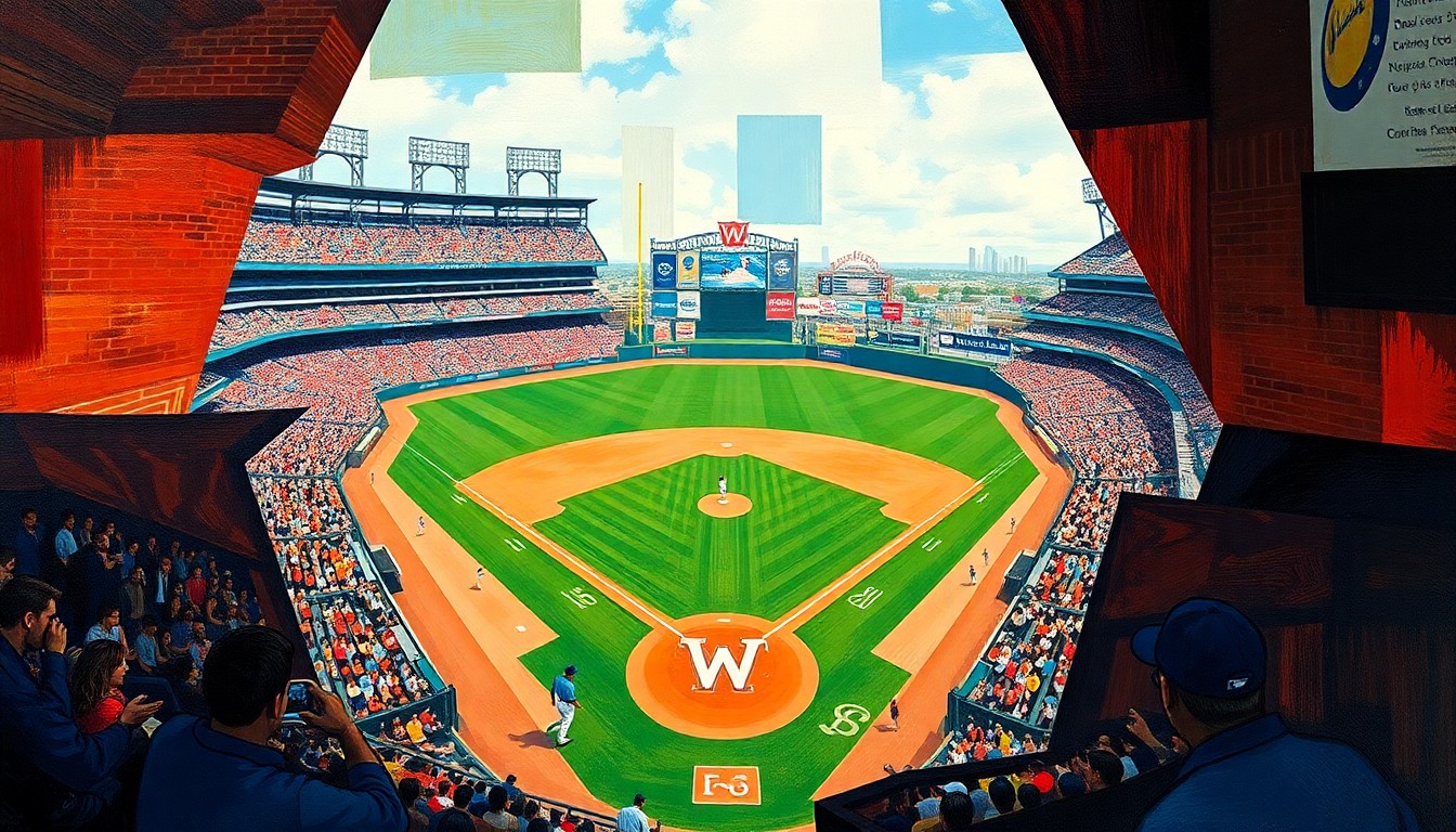 A fragmented, geometric painting depicting the action of a baseball game, with overlapping planes of green, red, and silhouetted players, conveying the intensity and drama of the Pirates' extra innings victory over the Cubs.