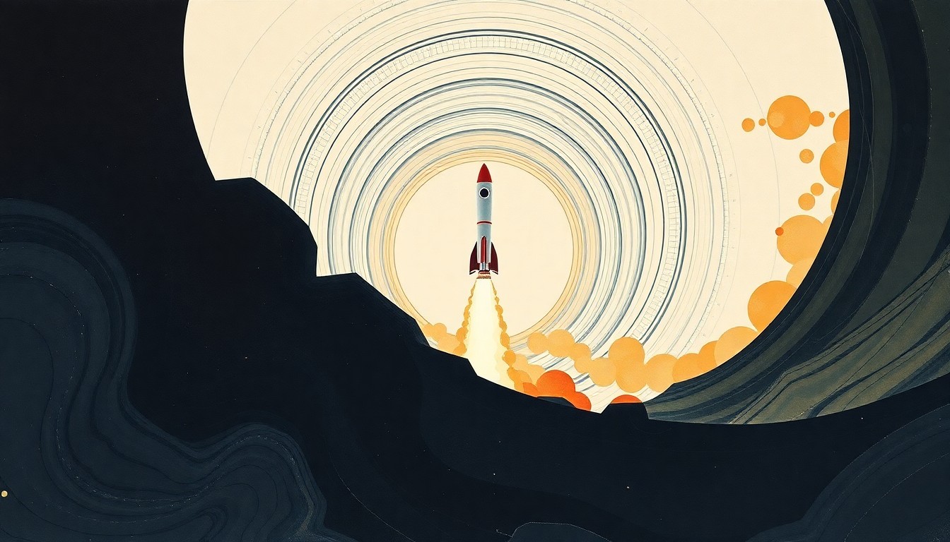 An abstract, highly structured painting in soft blues, greens, and grays, featuring sweeping geometric arcs, concentric circles, and precise botanical spirals, conceptually representing the powerful liftoff of the Artemis II rocket.