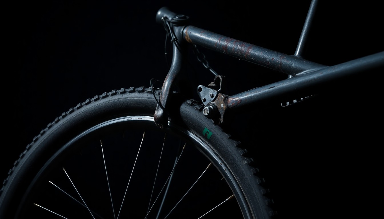 An extreme close-up photograph of a damaged bicycle tire and frame, the twisted metal and rubber conveying the violence of the collision in a stark, gritty aesthetic.