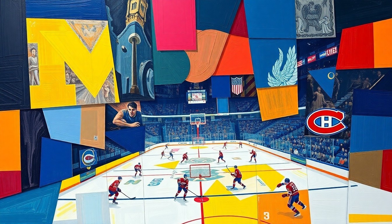 A cubist, geometric painting depicting the motion and energy of a college hockey game, with sharp planes of maize and blue (University of Michigan colors) overlapping with red and blue (Montreal Canadiens colors), conceptually representing the intersection of Hage's college and professional hockey careers.