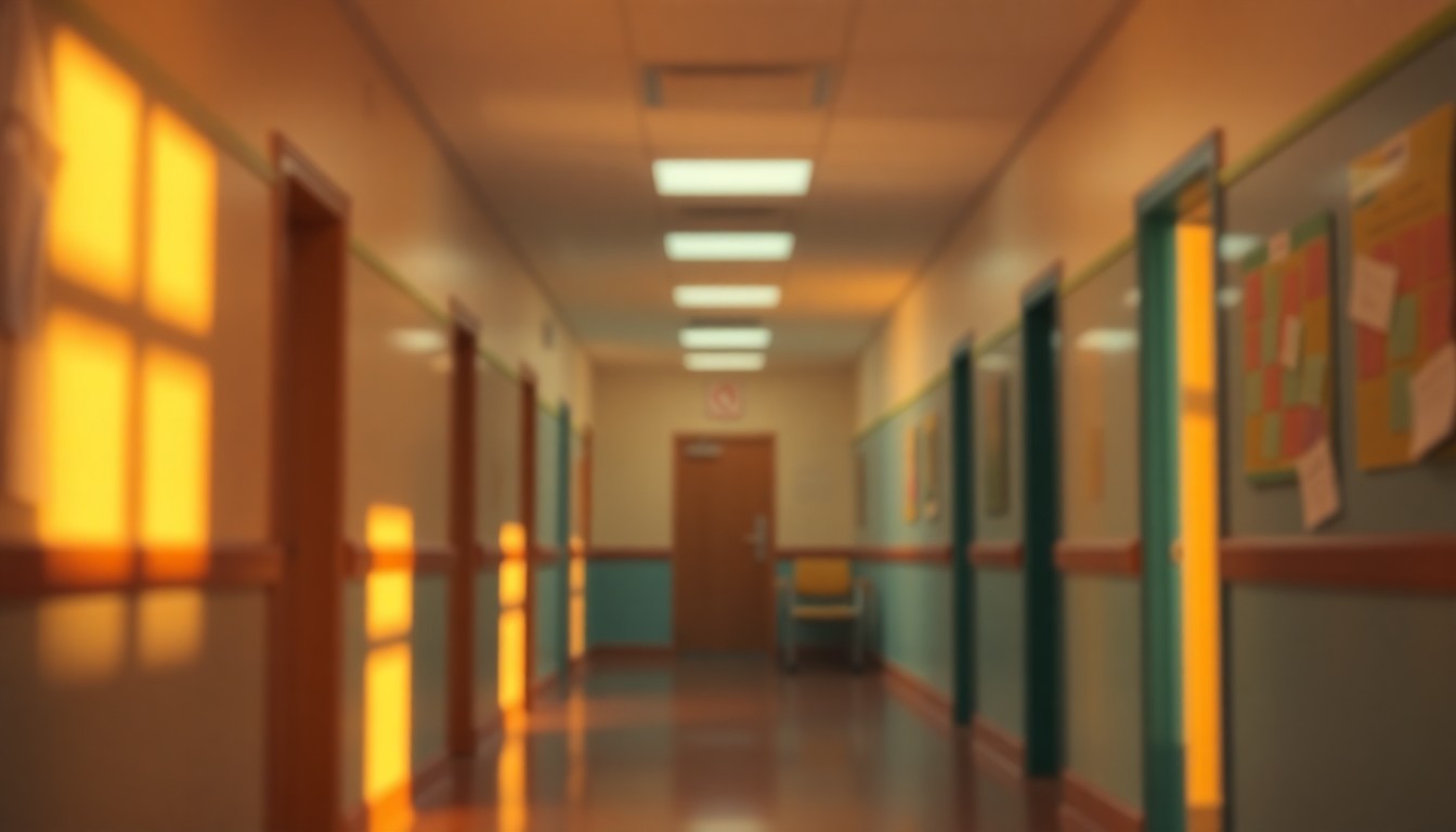 An abstract, out-of-focus photograph of a school hallway or classroom, with warm, hazy pools of light and color, conveying a sense of uncertainty and disruption caused by repeated calendar changes.