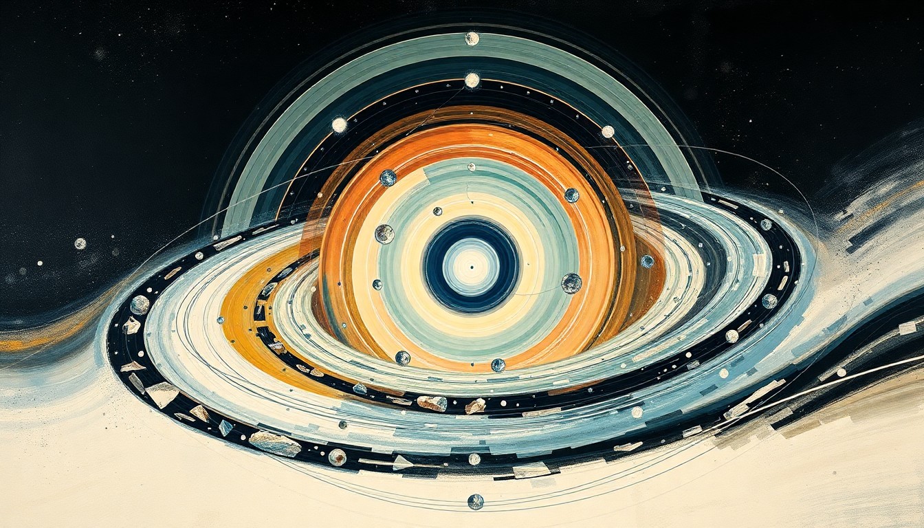 A highly structured abstract painting featuring sweeping geometric arcs, concentric circles, and precise spirals in soft colors, conceptually representing the complex process of light-controlled crystal formation.