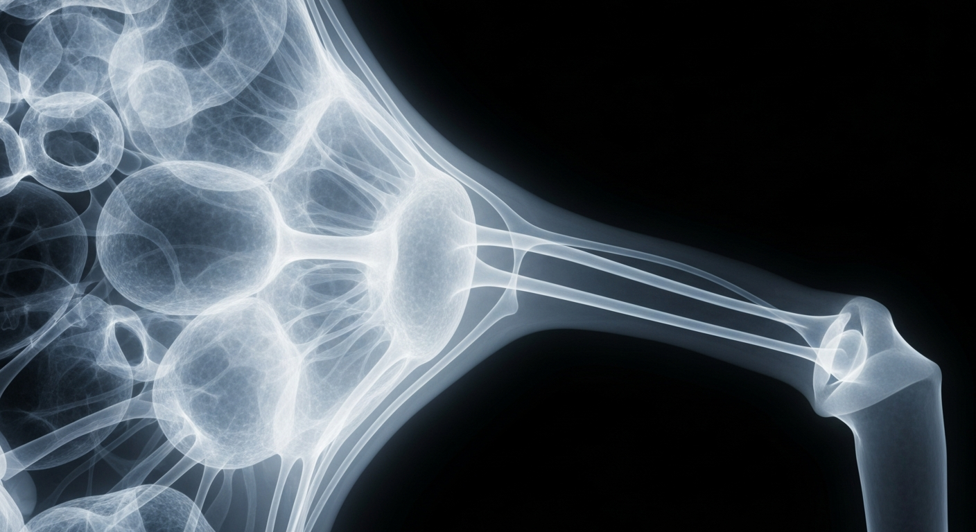 A highly detailed, translucent X-ray-style image showing the intricate internal structures of a human cell or organ, visualizing the molecular-level effects of metformin on the body's metabolism.