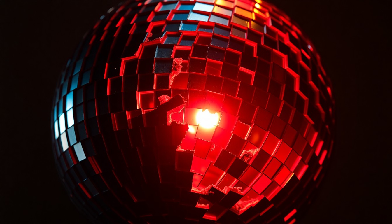 An abstract, high-contrast close-up image of a shattered disco ball reflecting a faint red light, symbolizing the fragility of fame and the music industry.