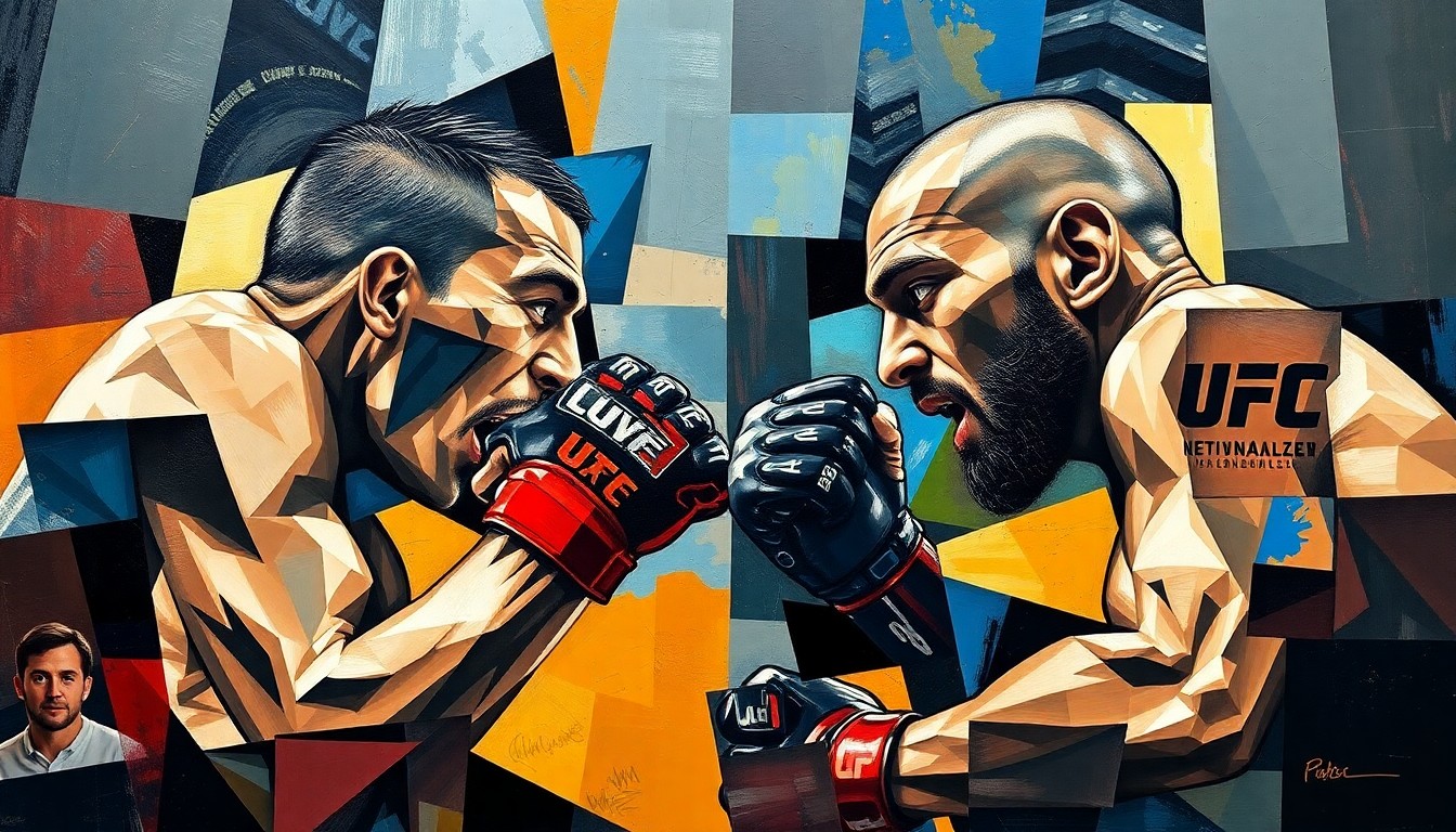 A cubist, geometric painting depicting the dynamic movements and energy of a UFC bantamweight fight, with sharp, overlapping planes of color and form representing the action in the octagon.