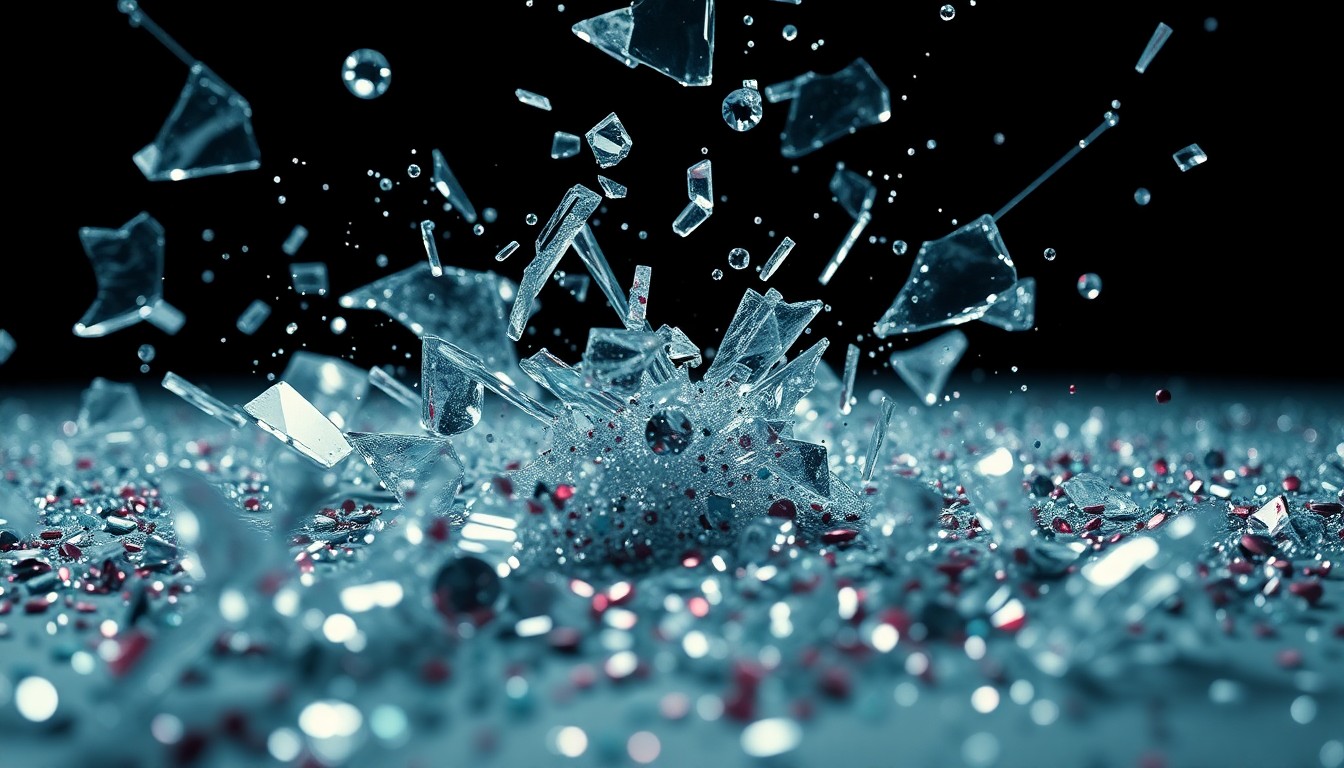 An abstract close-up image featuring shattered glass and glittering sequins, conveying the tension between the glamour and consequences of high-stakes heist films.
