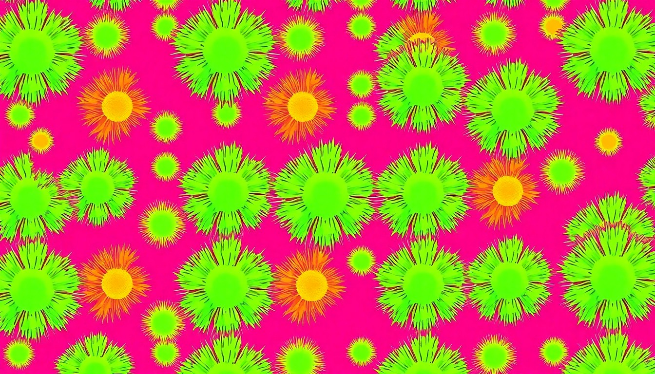A brightly colored, high-contrast silkscreen print featuring a repeating pattern of neon green mold spores against a vibrant pink and orange background, conceptually representing the persistent and pervasive nature of mold in a rental property.