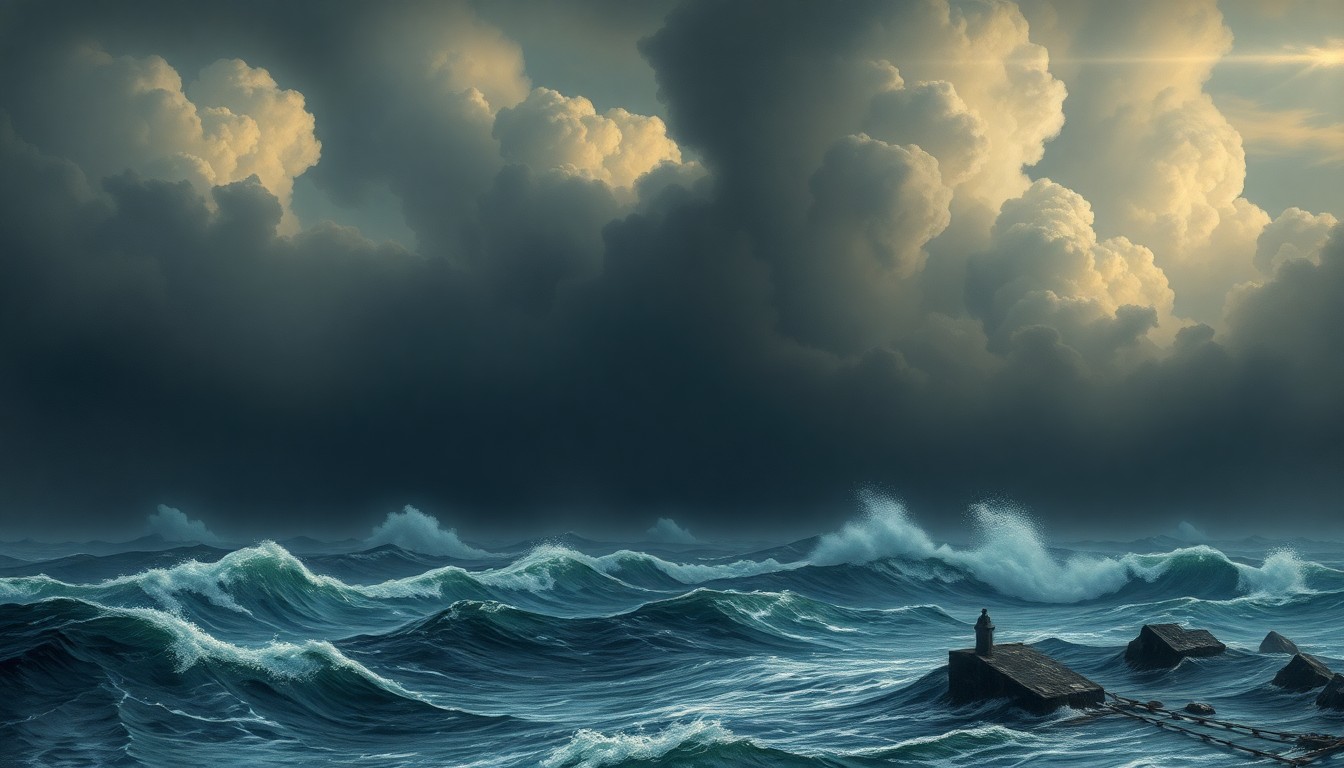 A sweeping, dramatic landscape painting depicting a turbulent, stormy ocean with massive, crashing waves and ominous clouds, conveying the overwhelming scale and power of the natural environment.