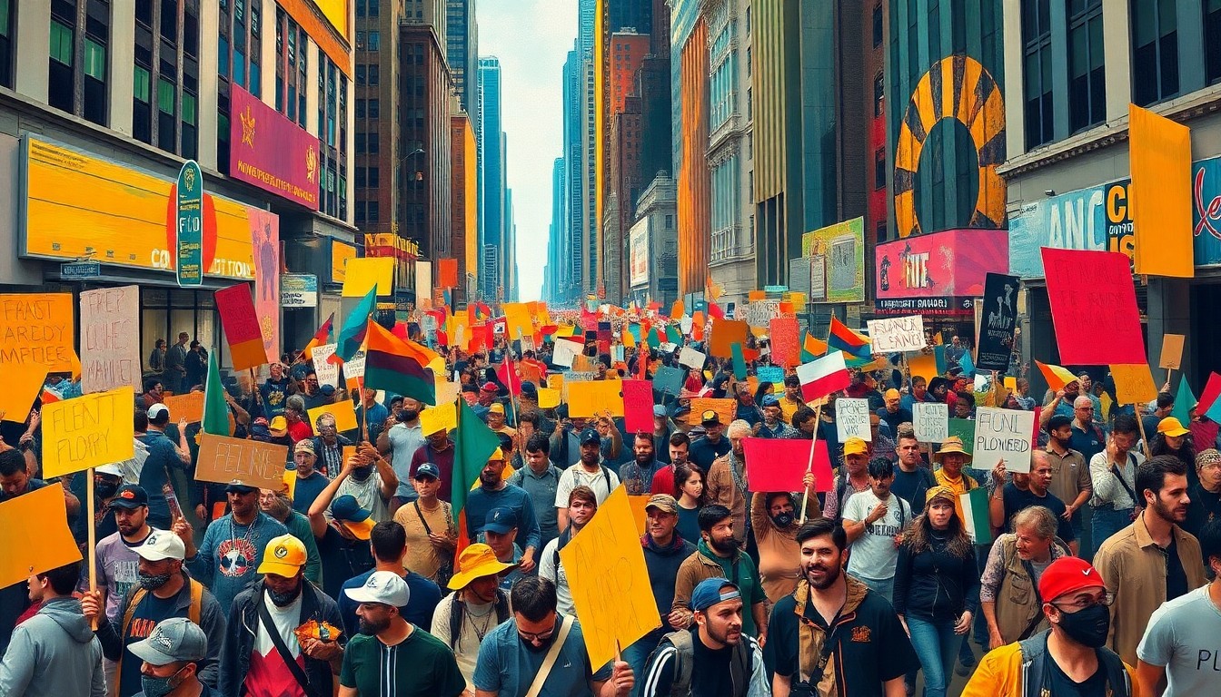 A vibrant, abstract painting depicting a crowd of protesters in motion, with overlapping geometric shapes and bold brushstrokes in primary colors conveying a sense of energy and civic unrest.