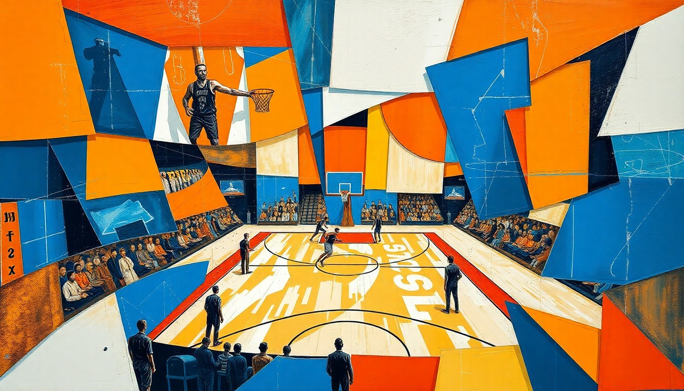 A fragmented, geometric painting featuring overlapping planes of orange, blue, and white, capturing the motion and intensity of a basketball game in an abstract, cubist style.