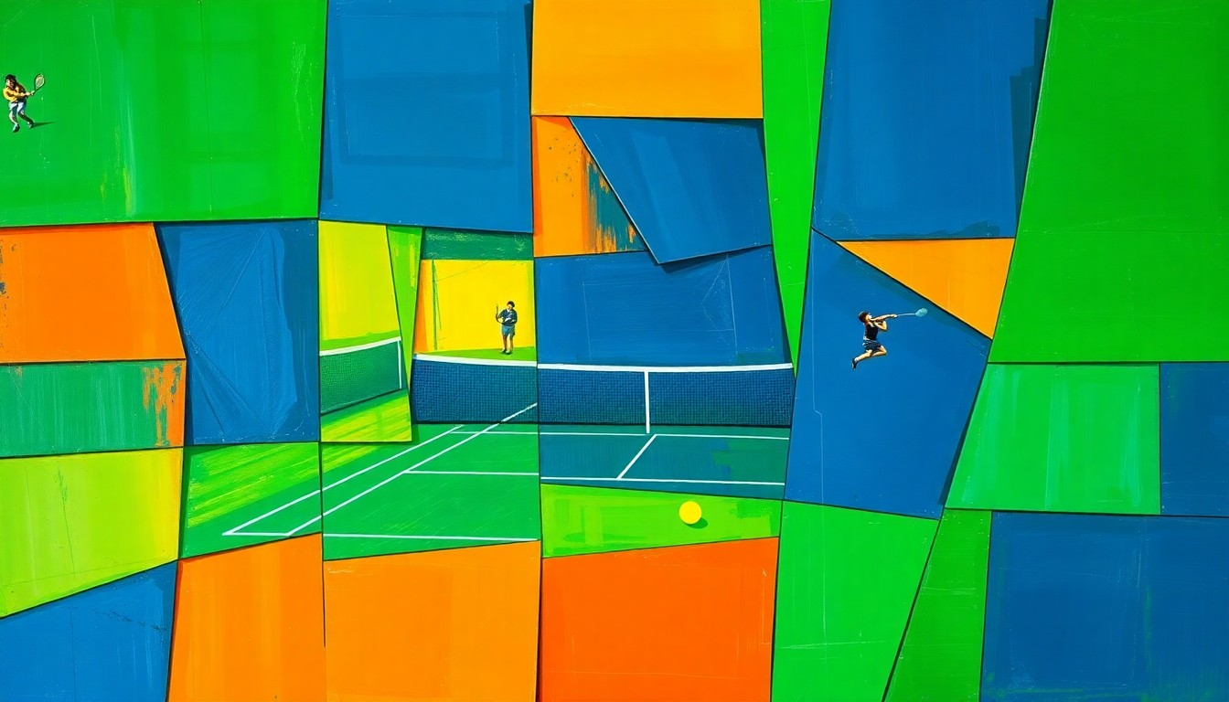 A cubist, geometric painting depicting a high school tennis match or tournament, with the players and court broken down into sharp, overlapping planes of bright green, navy blue, and burnt orange, capturing the dynamic energy and competitive spirit of the event.