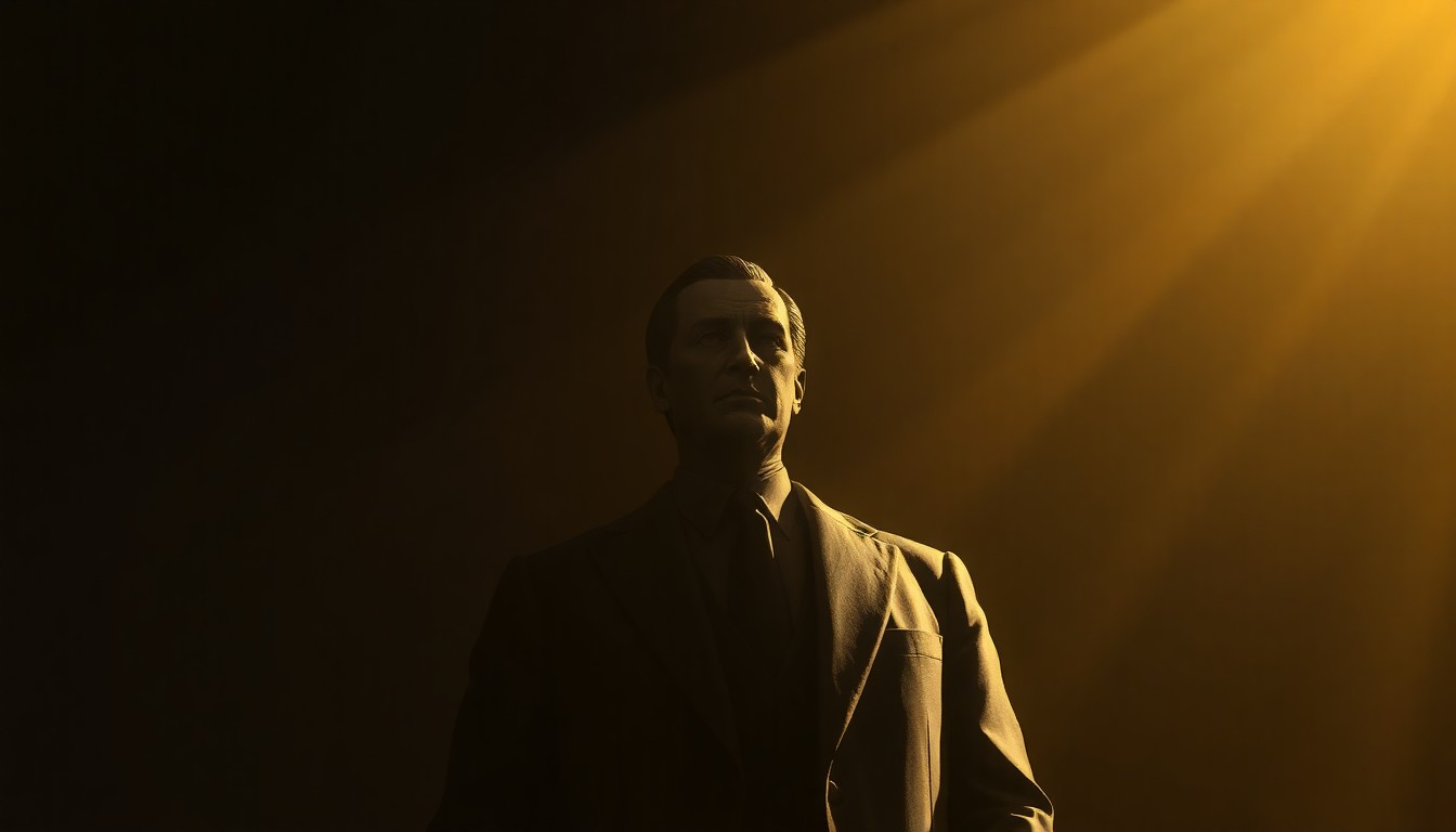 A cinematic painting of a solitary political figure, such as a statue or monument, bathed in warm, diagonal sunlight and deep shadows, conceptually representing the need for diplomatic restraint and civility in global affairs.