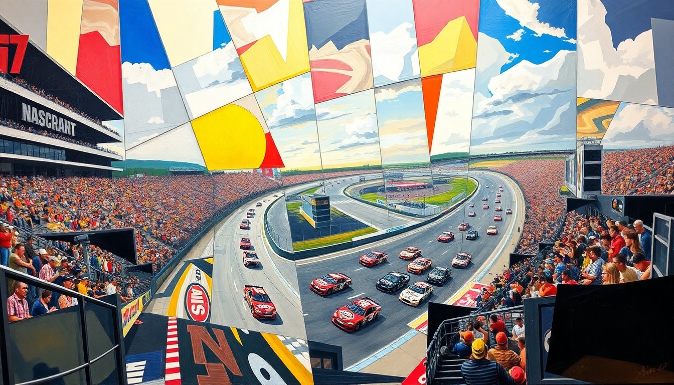 A fractured, geometric painting depicting the chaotic action of a NASCAR race at Bristol Motor Speedway, with cars and the track broken down into sharp, overlapping planes of color and form.