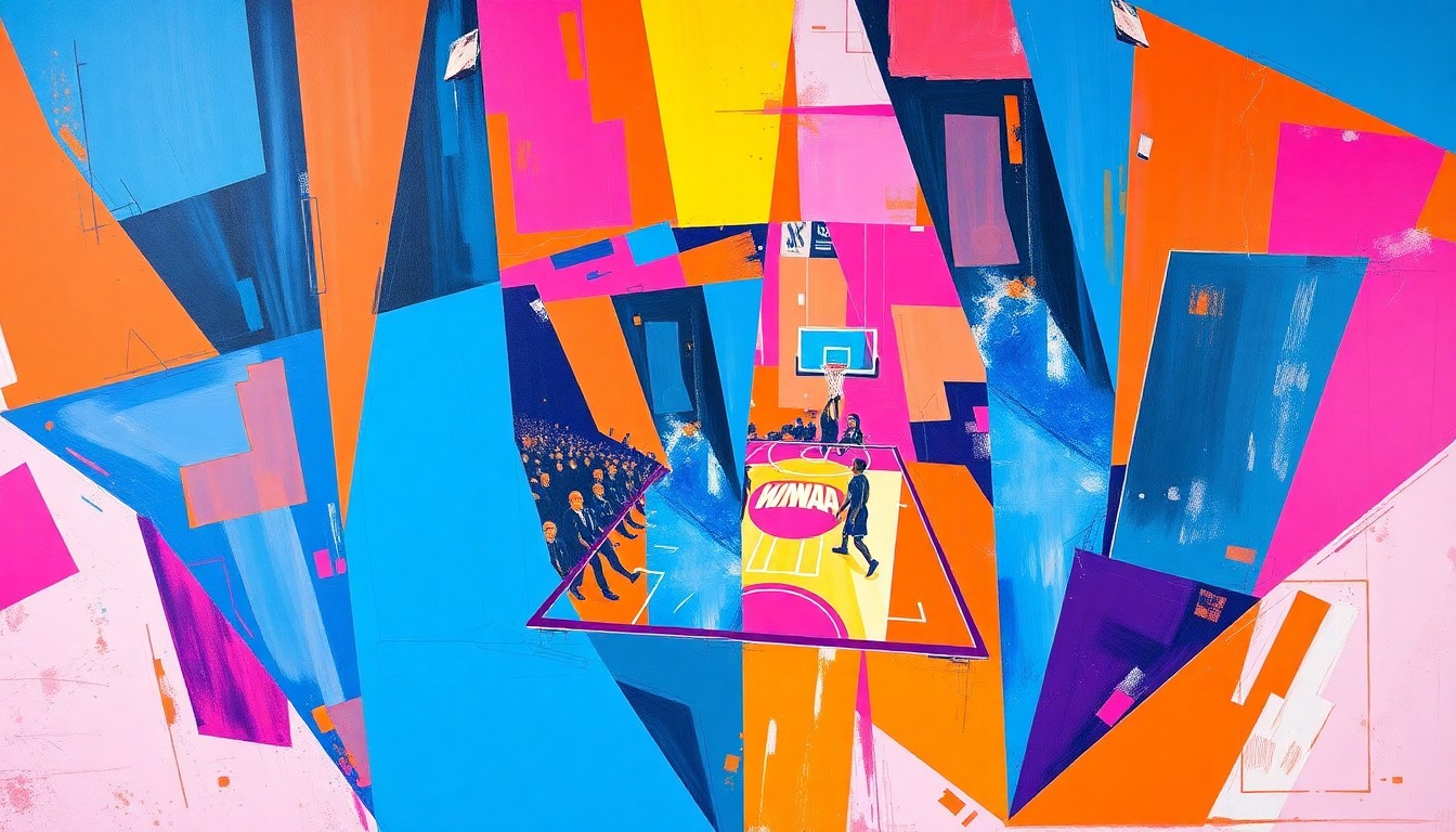 A fragmented, cubist-style painting depicting a WNBA basketball game, with the players and court broken down into sharp, overlapping geometric shapes in a vibrant color palette, conveying the dynamic energy and strategic shifts of the Sky's roster changes.