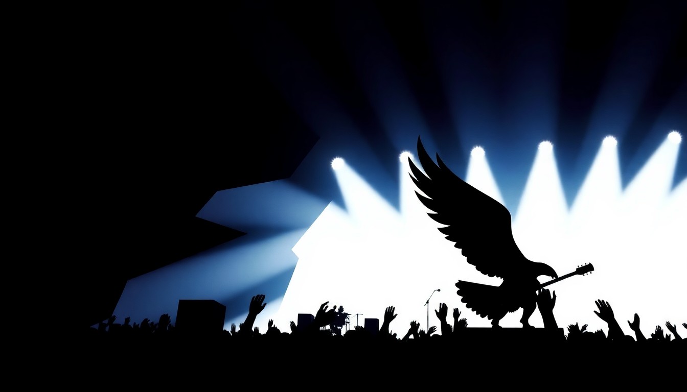 A striking black and white illustration featuring jagged, geometric shapes and silhouettes that abstractly represent the iconic Eagles logo and the energy of a live music event.