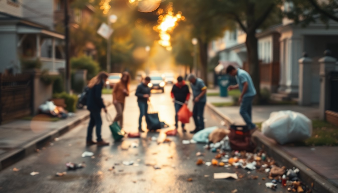 An abstract, impressionistic scene of blurred figures working together to collect litter and debris from a residential street, with soft, warm pools of light and color creating a sense of community and togetherness.