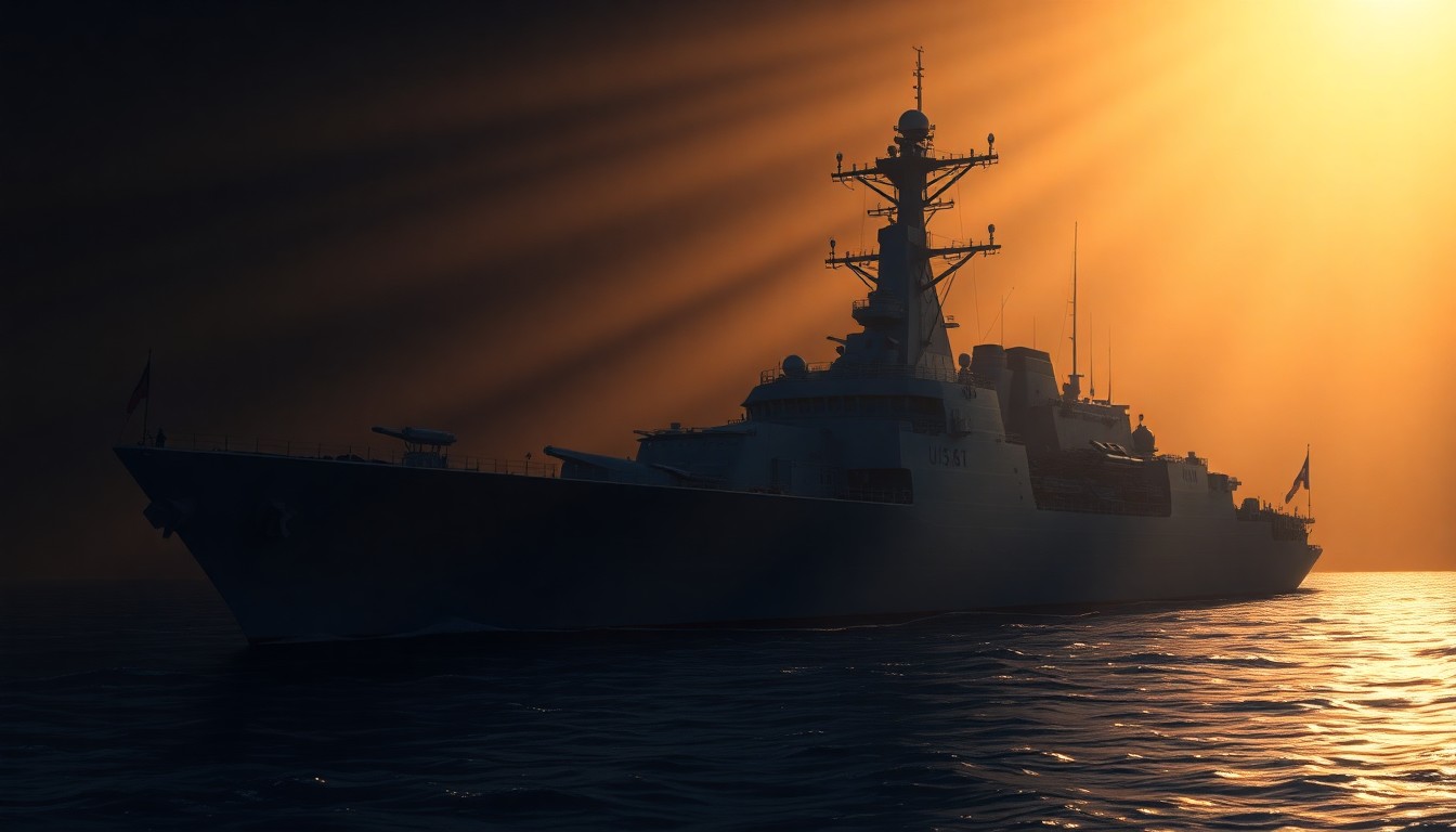 A cinematic painting of the USS Harvey C. Barnum Jr. guided-missile destroyer, with the ship's silhouette bathed in warm, diagonal sunlight and deep shadows, conveying a sense of reverence and patriotism.