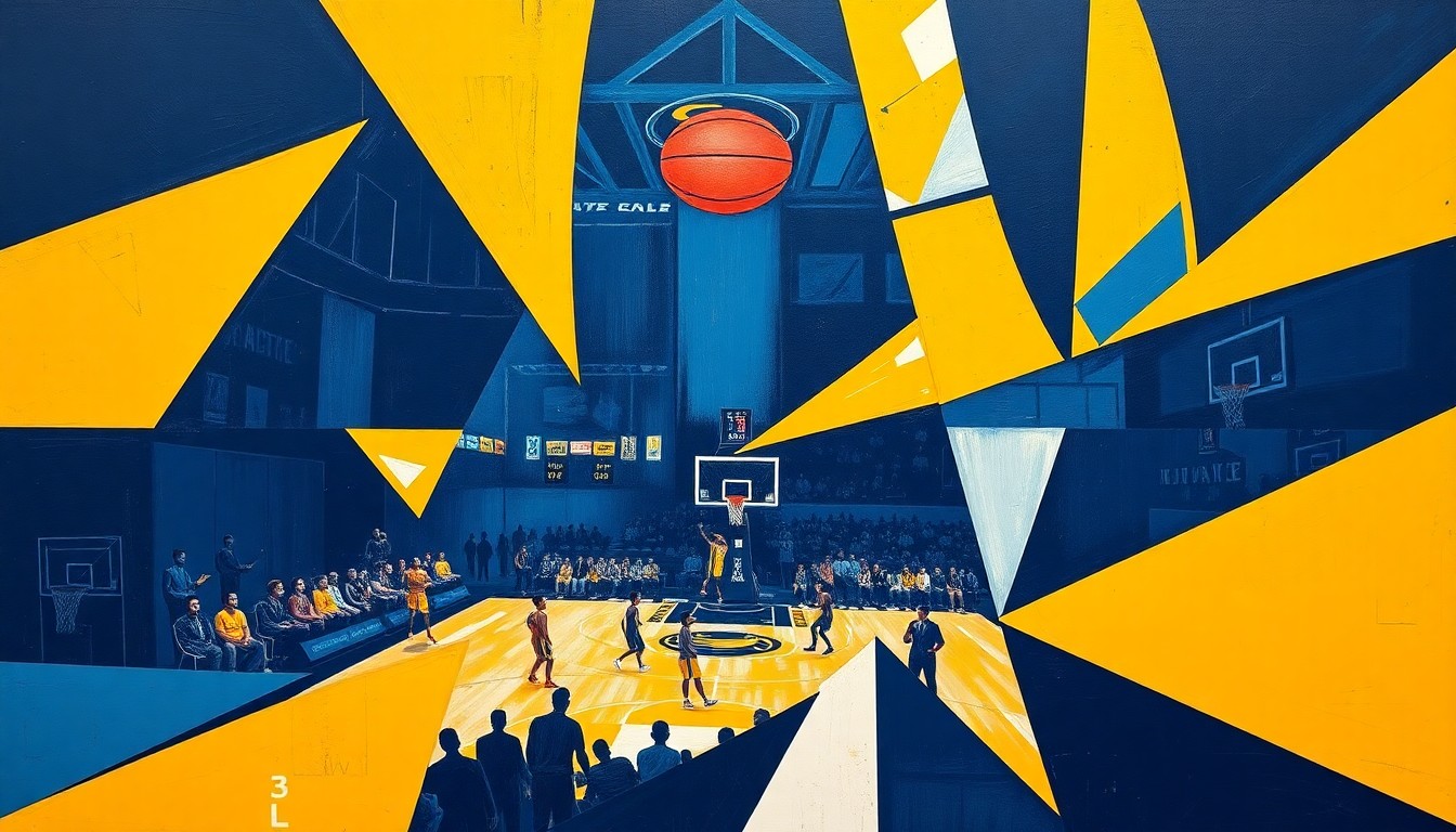 A fractured, cubist-style painting depicting a Pacers basketball game, with sharp, overlapping geometric planes in the team's official colors of navy blue, gold, and white, capturing the energy and intensity of the team's play during a rebuilding season.