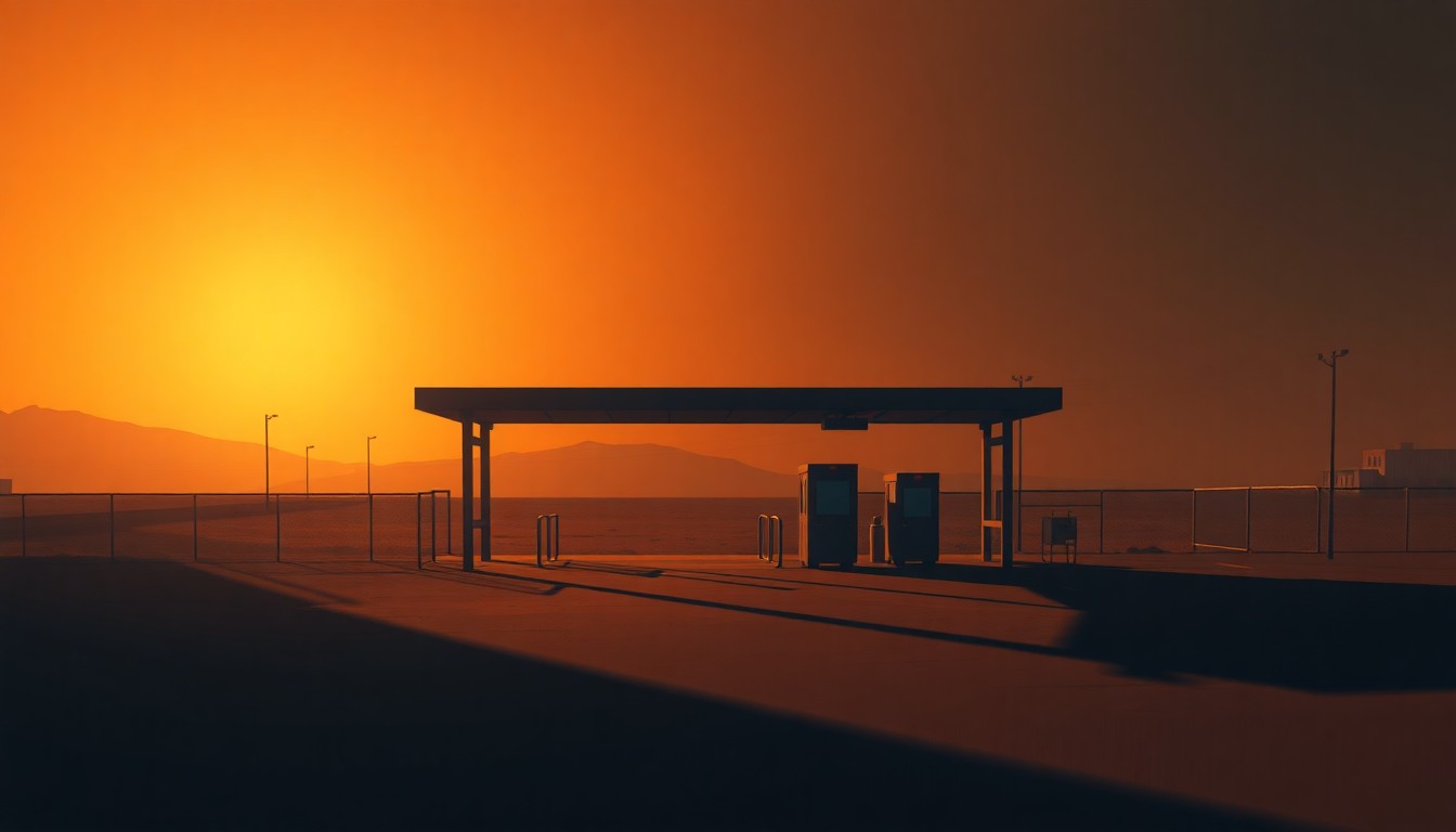 A serene, cinematic painting of an empty border checkpoint station, with warm sunlight casting long shadows across the scene, conveying a melancholic mood about the human toll of immigration policies.