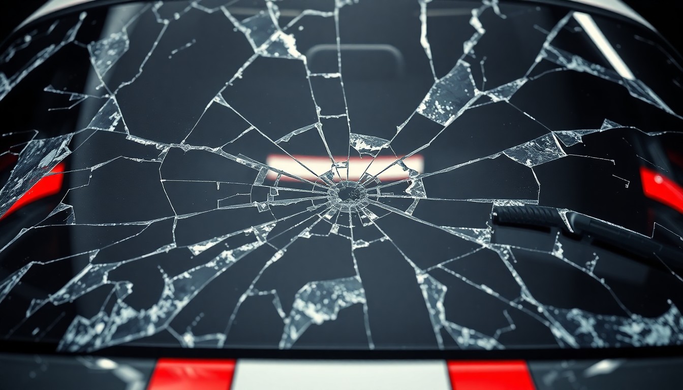 An extreme close-up photograph of a cracked and shattered race car windshield, with dramatic high-contrast studio lighting creating a gritty, high-energy aesthetic focused on the damaged material texture.
