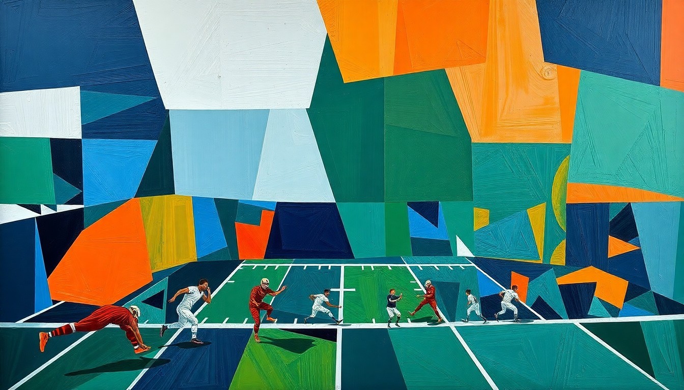 A cubist, geometric painting depicting an American football game broken down into sharp, overlapping planes of navy, green, and orange, conveying the complexity of the league's ambitious expansion plans.